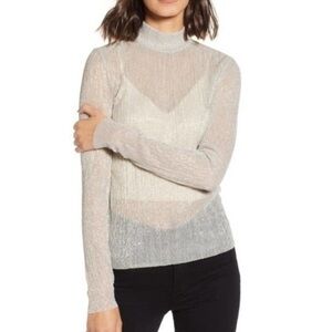 Chelsea 28 top womens ivory gold Lurex Stripe Turtle Neck metallic look Top S